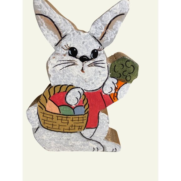 Handcrafted Wooden Easter Bunny Figures With Painted Details and Basket Design - Picture 2 of 9